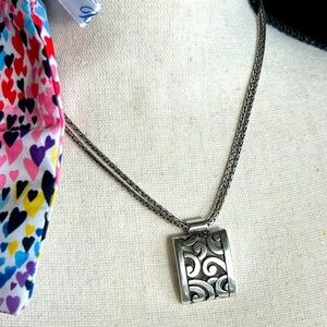 Brighton Deco Lace Necklace Silver Plated Scroll Design Double Chain & Cloth Bag